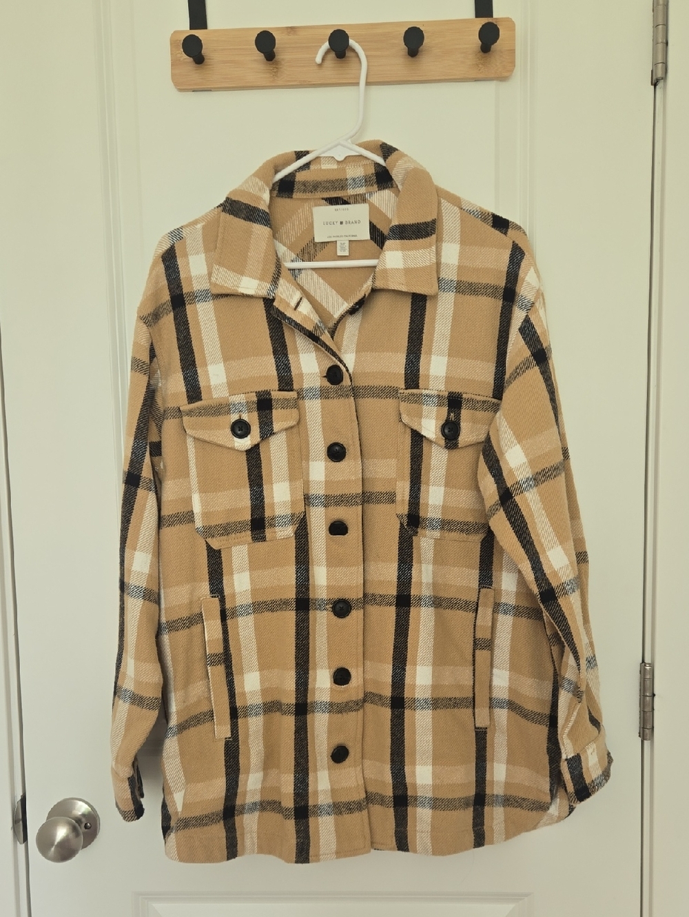Lucky Brand Tan Black and Cream Plaid Utility Shacket